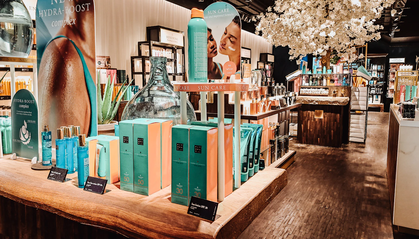 Beauty retail shelf display — product category reference